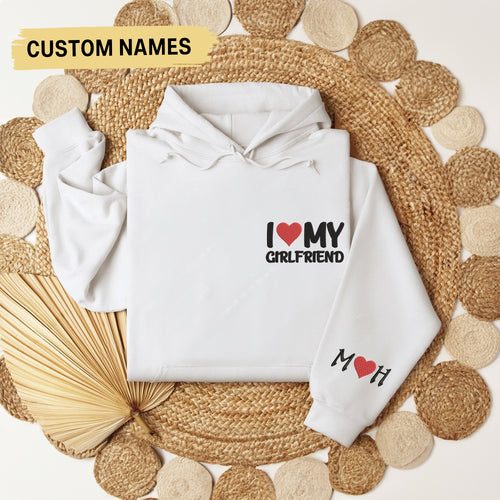 I Love My Boyfriend/Girlfriend Hoodie, Couple Embroidered Crewneck Initials on Sleeve, Couples Gifts Valentine Gift for Him For Her