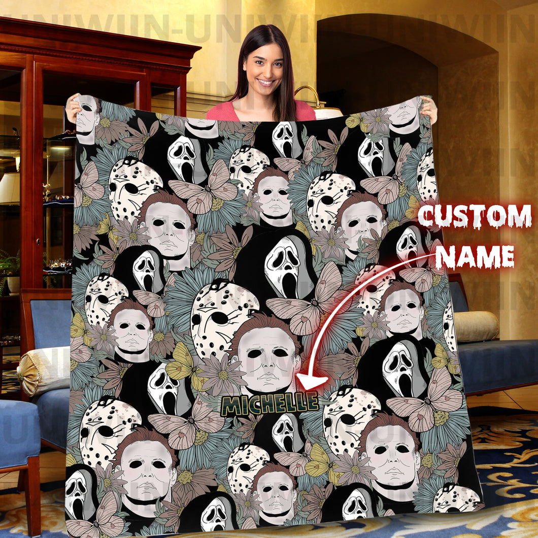 Personalized Floral Horror Movie Michael Myers Cozy Blanket, Jason Voorhees Blanket, Gift for Classic Horror Fans, Halloween BLANKET, Christmas Gift